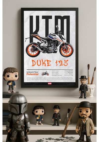 Ktm Duke 125 Siyah Ahşap Çerçeveli Poster, Dekoratif Motosiklet Duvar Tablosu