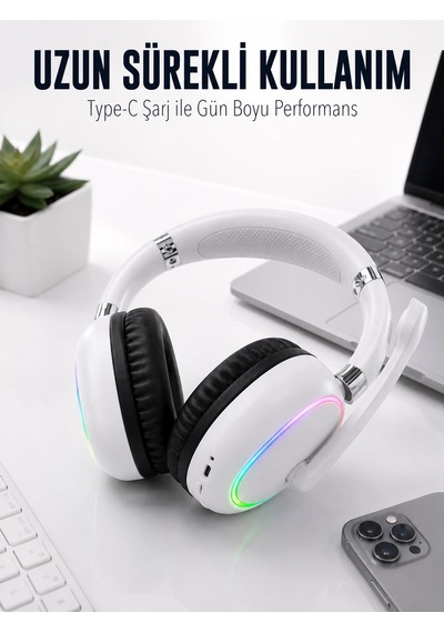 Beyaz Bluetooth 5.0 Mikrofonlu Kablosuz Kulak Üstü Kulaklık Rgb Işıklı Type-c Şarjlı