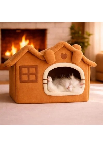 Peluş Kedi Evi, Minderli, Katlanabilir, Camel Renk
