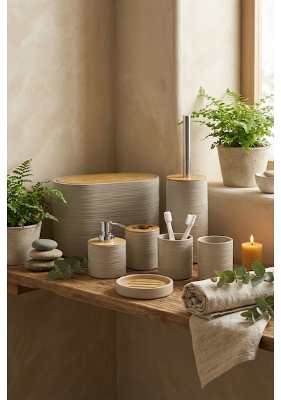 Makri Home 6 Parça Toprak Banyo Seti, Bambu Detaylı, 8l Çöp Kovası 24x26x16 Cm Kahverengi