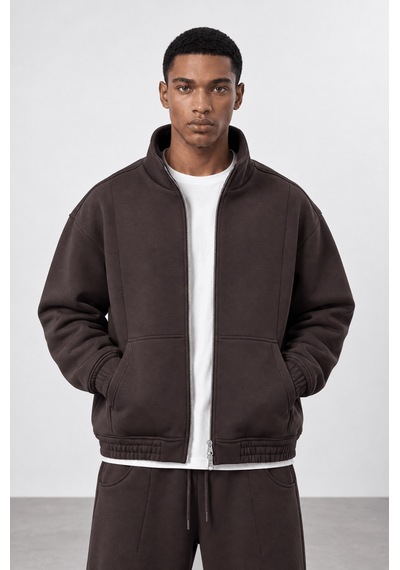 Respire Erkek Crop Fit Panda Oversize Zip Kahve