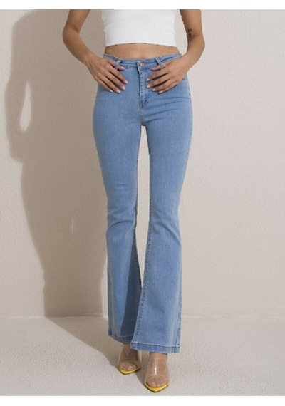 Ispanyol Açık Mavi Yüksek Bel Likralı Flare Jeans Kadın Açık Mavi