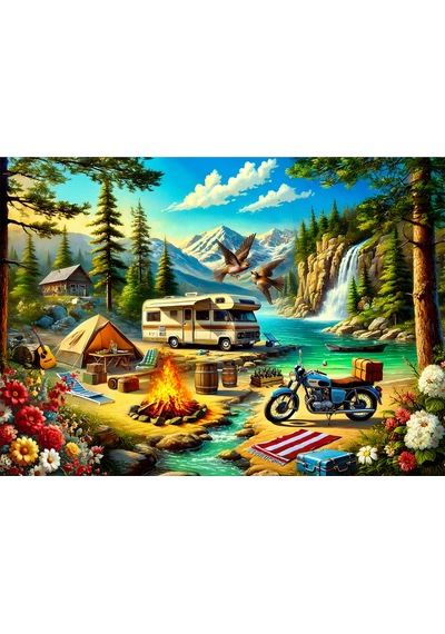 2 Adet 1000 Parça Puzzle - Kamp Ateşi Orman Manzarası Ve Sahil Kasabası Manzarası Yapboz 68x48 Cm