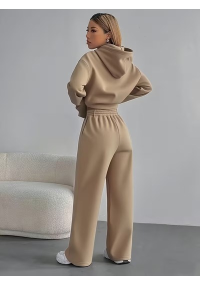 Macklin Unisex Kadın Erkek Healty For Baskılı Oversize 3 İplik Kapüşonlu Sweatshirt Ve Baggy Eşofman Altı Bej