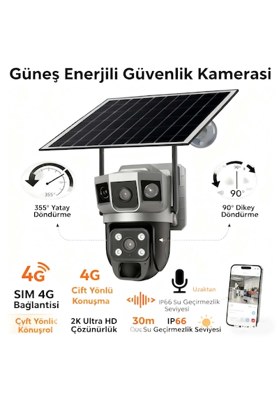 4g Solar Panelli Güvenlik Kamerası, Güneş Enerjili , 6mp Çift Lens, Sim Kartlı, Ptz, Su Geç