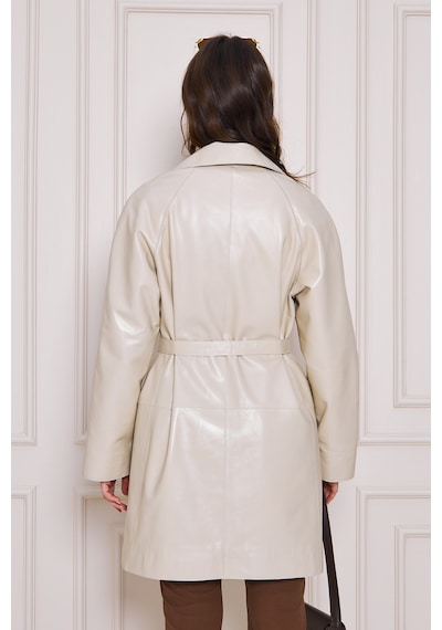 M M Marki Marki Kadın Hakiki Deri Trençkot Bej, V Yaka, Kuşaklı, Düğme Kapamalı, Oversize, 90 Cm - 117122