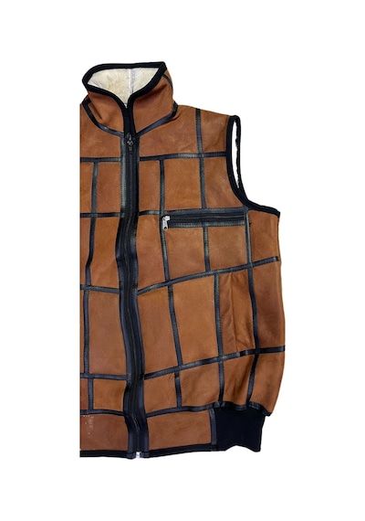 Lnleather Içi Kürk-Dışı Süet Gerçek Deri Yakalı Ve Trikolu Yelek Tarçın