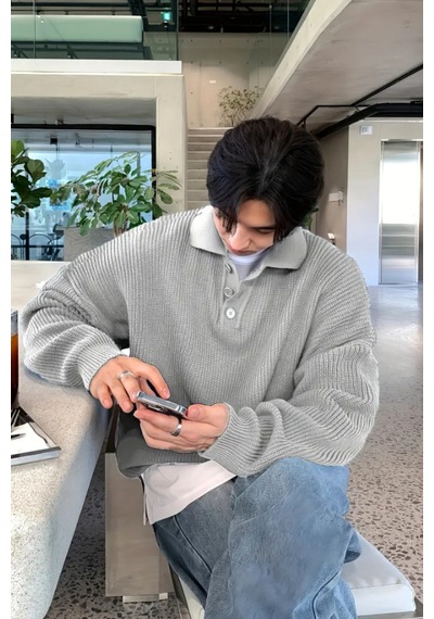 Cool Tarz Erkek Gri Düğmeli Regular Polo Yaka Triko Kazak Gri Gri