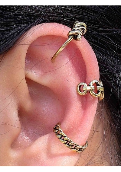 Vintage Antik 3'lü Deliksiz Ear Cuff Ayarlanabilir Kıkırdak Küpe Seti Eukk8 Sarı
