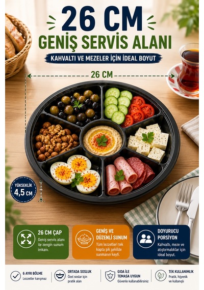 7 Bölmeli Kahvaltı Meze Kabı Kapaklı 26 Cm Tek Kullanımlık Salata Sunum Ve Paket Servis Kabı Seti Siyah