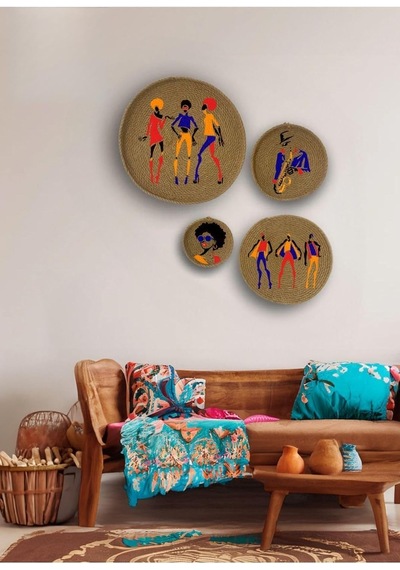 4'lü Takım Duvar Süsü, Duvar Tabağı, Jüt Dekor, Afrika, Bohem, Desen7 Diğer