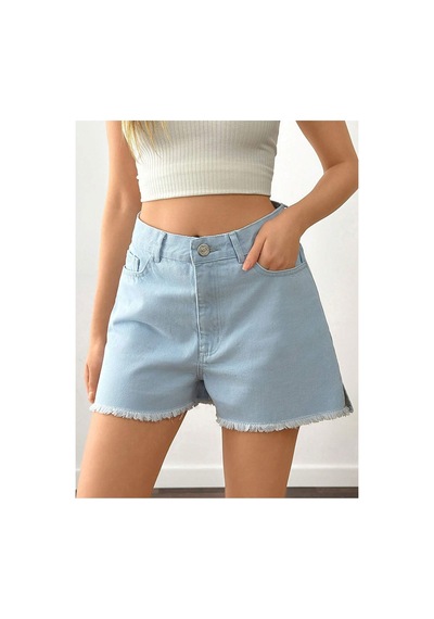 Kene Jeans Paça Püskül Yan Yırtmaç Arka Cep Nakışlı Buz Mavi Kot Şort Mavi