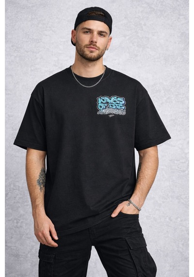 Herkesemoda Waves Of Yazı Detaylı Basic T-shirt Siyah