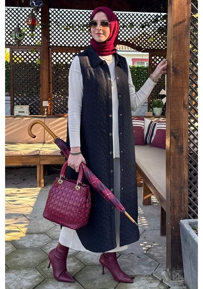 Rabia Şamlı Safir Kapitone Yelek Siyah Çok Renkli