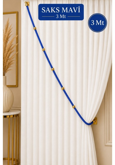 Saks Mavi Kruvaze Perde Tavan Korniş Bağlama Halatı - Gold Detaylı - Perde Süsü - 3 Metre - 1 Adet