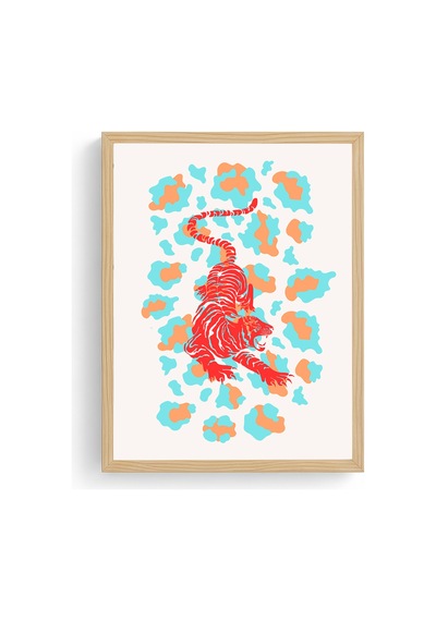 Doğal Ahşap Çerçeveli Retro Kaplan Tablo - Safari Hayvanları Sanat Baskısı Huhu2409