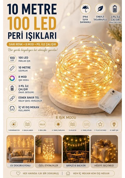 10 Metre Sarı 100 Led Işıklar Peri Işıkları 8 Mod Rgb Işıkları Işık Peri Dize Işıkları Tel Fonksiyonlu Süsleme İnce Telli Aydınlatmalı Şerit Led Yılbaşı Işık Yılbaşı Süsü