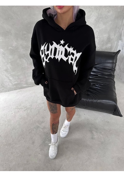 İkales Unisex Üç İplik Kapşonlu Baskılı Sweatshirt - Siyah