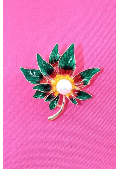 Atatürk Çiçeği Broş Gold Dallı Yeşil Yapraklı Ve İncili Çiçekli Kadın Yaka İğnesi Yaprak Broşu. Çok renkli