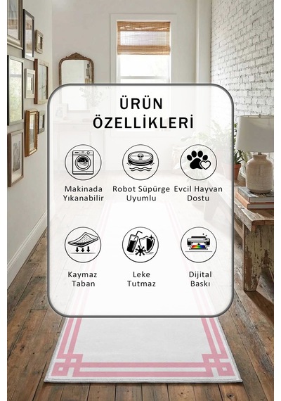 Klasik Beyaz Pembe Yıkanabilir Yolluk