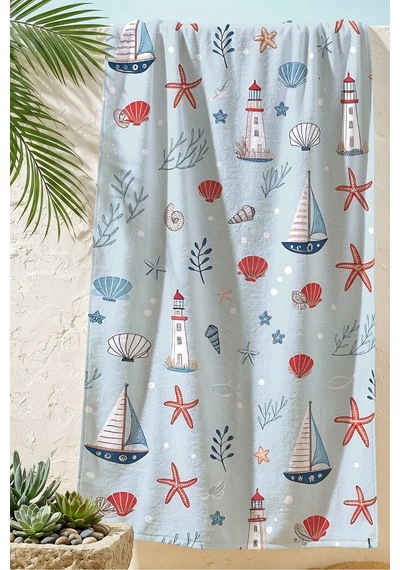 Deniz Kabuklu Yıldızlı Marine Plaj Havlusu - Açık Mavi Nautical Yelkenli Hızlı Kuruyan Havlu Örtü Sedef Mercan
