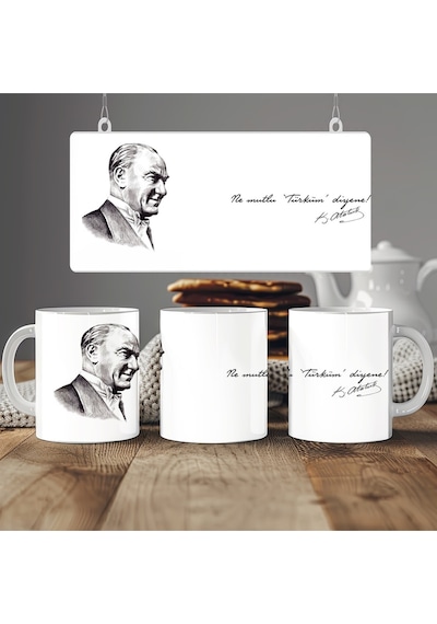 Atatürk Sözleri Ve Resmi Kupa Bardak - Mustafa Kemal İmzalı - '' Ne Mutlu Türküm Diyene '' Beyaz