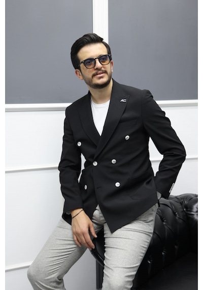Avni Ceylan Verde Dokulu Gofre Kumaş İtalyan Stil Slim Fit Kruvaze Erkek Ceket Siyah