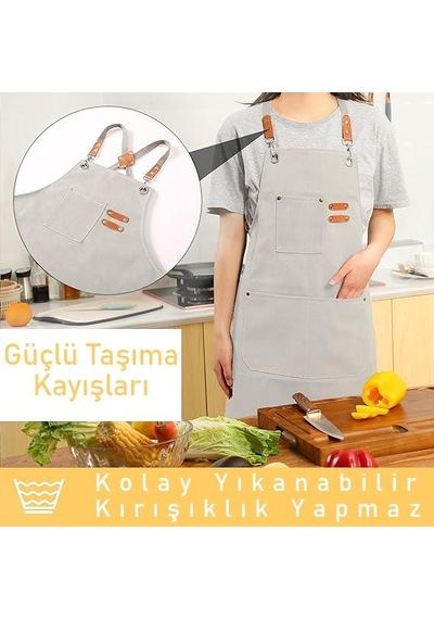 Valkyrie Unisex Kanvas Mutfak Önlüğü Ayarlanabilir Askılı Cepli Barista Garson Servis Önlüğü Kırık Beyaz