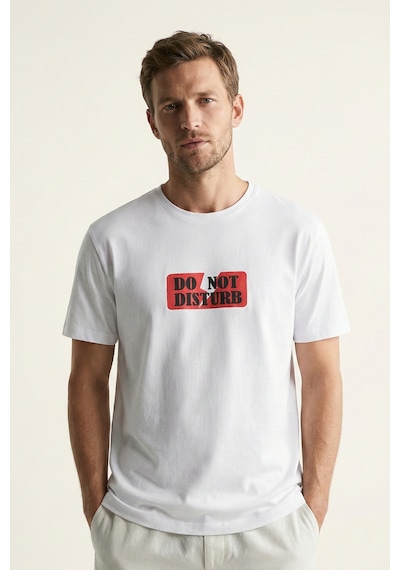 Elemge %100 Pamuk Pijama Üstü T-shirt Süprem Compact Penye Erkek Rahat Kalıp Beyaz Kısa Kol Do Not Disturb