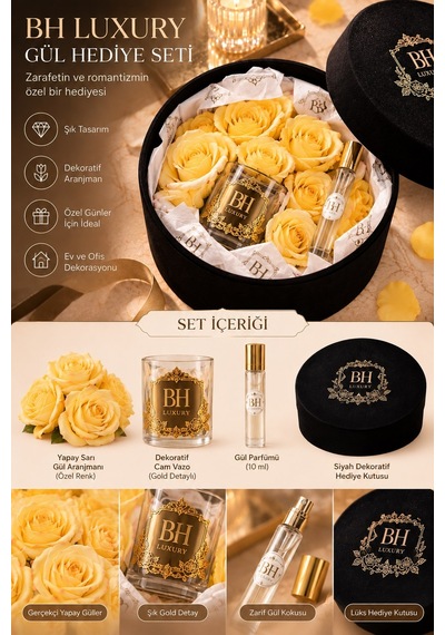 Bh Luxury Sarı Yapay Gül Ve Gül Parfümü Hediye Seti Siyah Dekoratif Kutulu