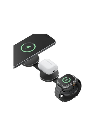 Energea Alumag Trio 3in1 Katlanabilir Qi2 Destekli 15w Telefon Saat Apple Uyumlu AirPods Masaüstü Hızlı Şarj Standı - Siyah