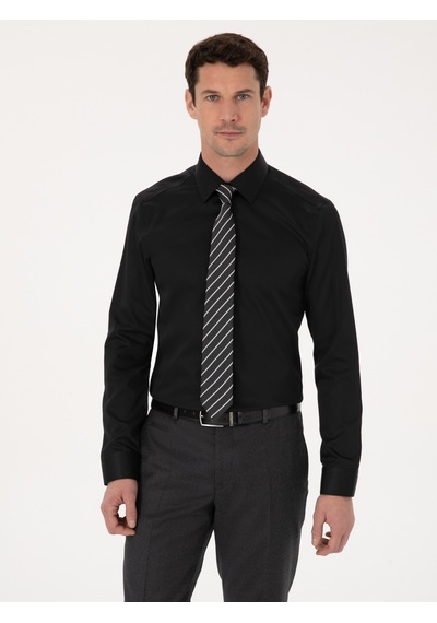 Cacharel Siyah Slim Fit %100 Pamuk Non Iron Kolay Ütülenebilir Klasik Gömlek