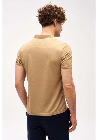 Bej Slim Fit Dar Kalıp Fermuarlı Polo Yaka Düz Kısa Kollu Tişört-16408 Bej