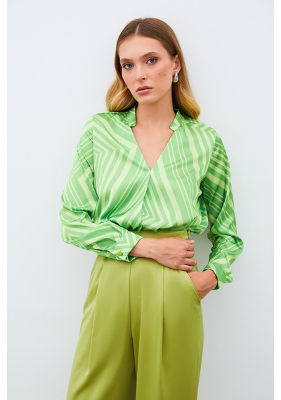 Sateen Kruvaze Desenli Bluz - Yeşil-134990 Yeşil Sateen Kruvaze Desenli Bluz - Yeşil-134990 Yeşil