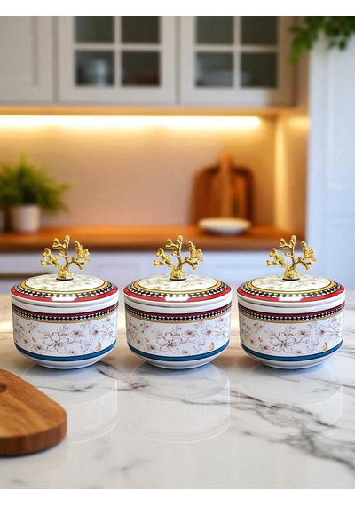 Kahvaltılık - 3'lü Şekerlik Kelebek Desenli Gold Kırmızı