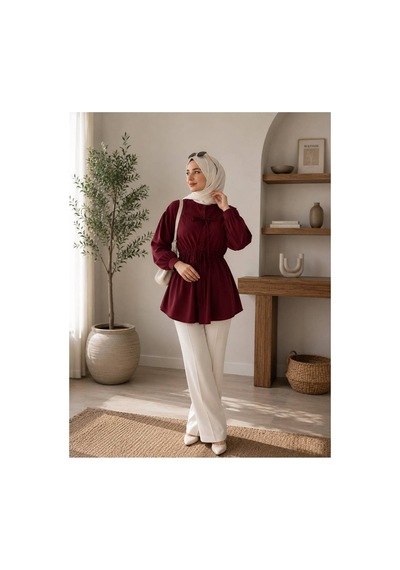 Öners Kadın Büzgü Detaylı Tesetür Gömlek Bordo Bordo