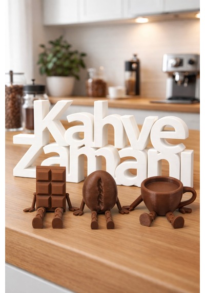 Kahve Zamanı Dekoratif Yazı + Sallanan Ayaklı 3 Lü Figür Seti Kahve Köşesi Mutfak Süs