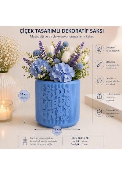 Kabartma Yazılı Dekoratif Saksı Modern Tasarım Mavi