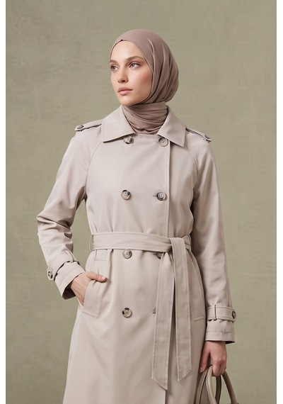 Armine Trend Klasik Yaka Belden Kuşaklı Çift Cepli 101 Cm Boy Trenckot Taş 26kt728