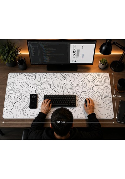 90x40 Cm Mouse Pad, Siyah Topografik Kontur Desenli Büyük Gaming Mouse Pad, Kaymaz Kauçuk Tabanlı, Dikişli Kenarlı