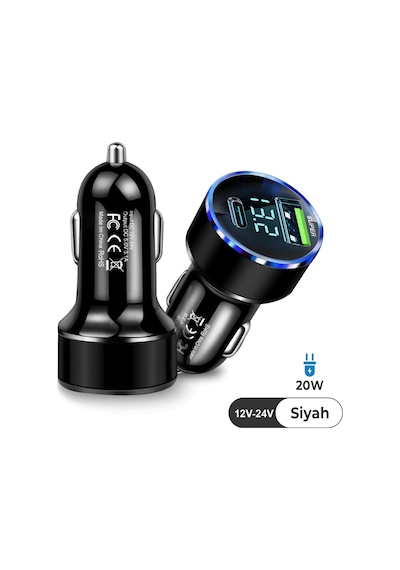 Siyah Araç İçi Usb 3.0 Type C 20w Soketli Çakmaklık Güç Adaptörü Tüm Cihazlar 12v-24v