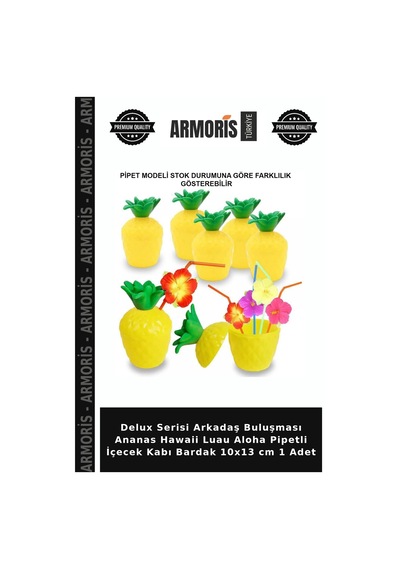 Delux Serisi Arkadaş Buluşması Ananas Hawaii Luau Aloha Pipetli İçecek Kabı Bardak 10x13 Cm 1 Adet Çok Renkli
