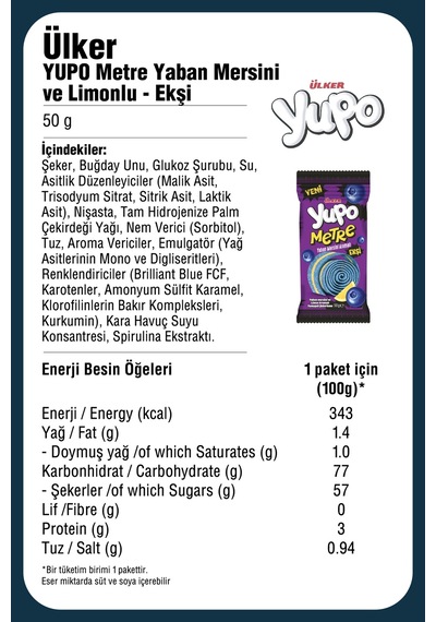 Yupo Metre - Yaban Mersini Ve Limonlu - Ekşi - 50 Gram - 12 Adet