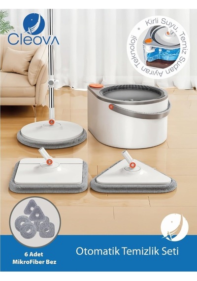 Yeni Tasarım Otomatik 360 Döner Mop Ve Temizlik Seti, 3 Başlıklı Paspas Mop