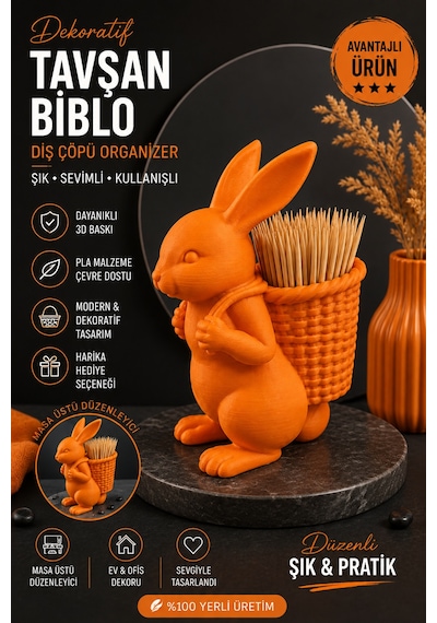 Ognami3d Dekoratif Tavşan Kürdanlık - 3d Baskı Masaüstü Organizer 34805459