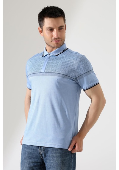 Rıbana Classıc Fermuar Detaylı Desenli Pamuklu Polo Yaka T-shirt Mavi