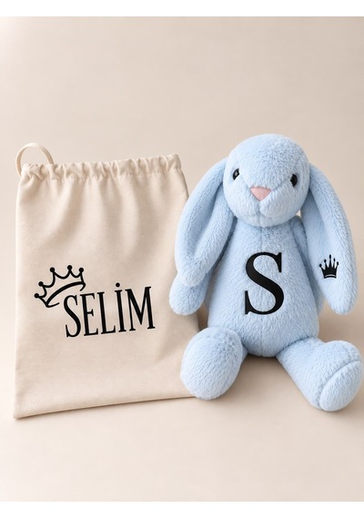 Kişiye Özel İsimli Peluş Tavşan Ve Kese Seti - Açık Mavi