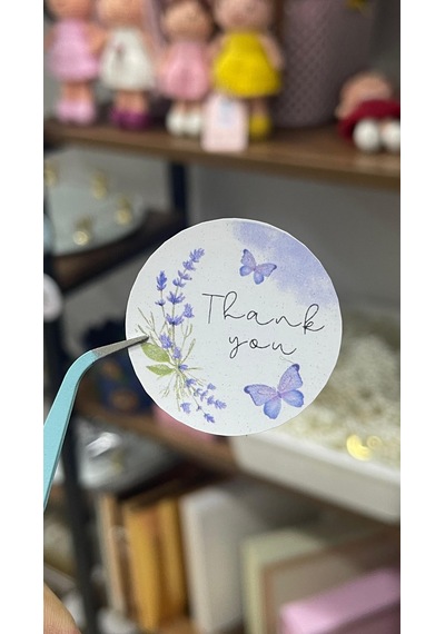 Thank You Yazılı Mor Çiçekli Hediye Paketi Süsleme Etiketi 4x4 Cm 24 Adet- Arletikettasarım Beyaz