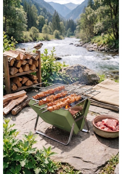 Morponi Katlanabilir Kolay Taşınabilir Çanta Şeklinde Portatif Mangal Bbq Haki Yeşil