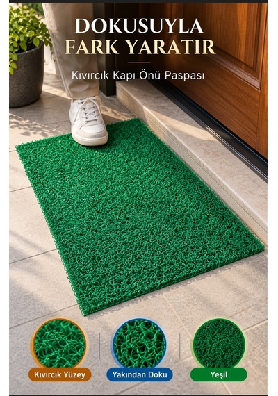 Yeşil Düz Kıvırcık Kapı Önü Paspası 40x60 Cm Kaymaz Taban Dış Kapı Giriş Paspası Pvc